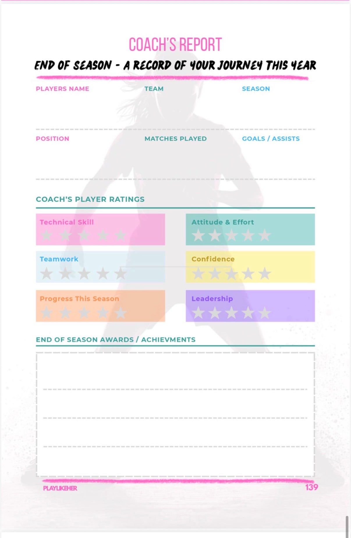 PLAYLIKEHER - Premium Hardback Edition Football Journal For Girls | Complete Season Football Journal for Female Footballers | FREE Delivery